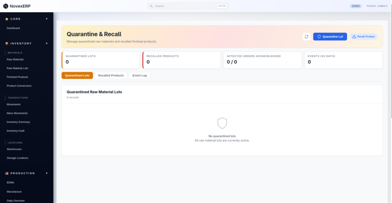 NovexERP Quarantine & Recall System: Smarter Manufacturing Quality Control